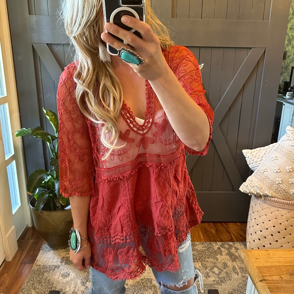 New Red Lace Crochet Boho Folk Tunic Blouse Top Cover-Up Womens - Picture 2 of 9
